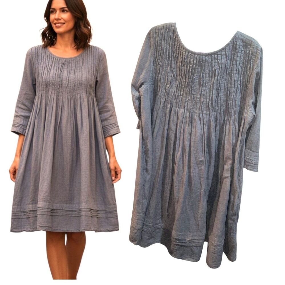 JP & MATTIE Sz L FABIENNE Gray Lagenlook Crinkle Cotton ¾ Sleeves Midi Dress
